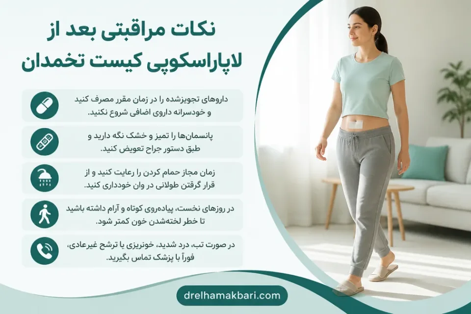 نکات مراقبتی بعد از لاپاراسکوپی کیست تخمدان — مراقبت و راهرفتن آرام پس از لاپاراسکوپی کیست تخمدان